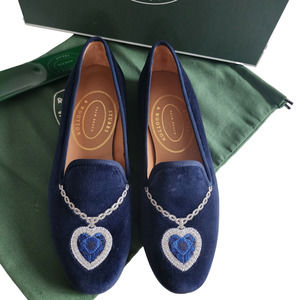 NEW Stubbs & Wootton Titanic Heart Slipper Navy Blue Loafer Velvet Smoking Sz 6